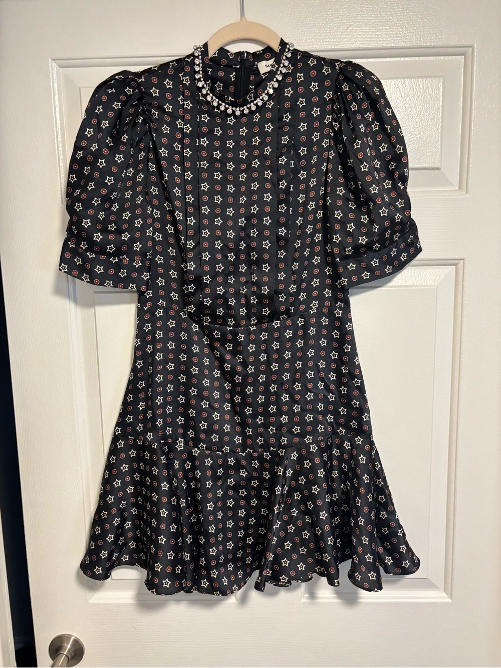 NWOT Sandro Black Star-Print Mini Satin Dress FR 36 - Picture 2 of 9